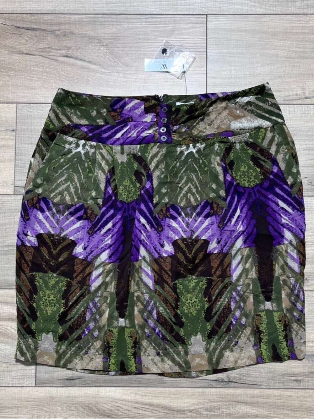 Worthington Womens Abstract Print Button Detail Lined Skirt 14 Purple Olive